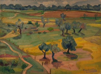 Attic Landscape from Above, Olive Trees, with Sergoulopoulos — Oil painting, Canvas, 46.00×61.00cm — Theodoros Markellos